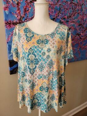 Westport Short Sleeve Swing Tunic in Teal, Yellow & White